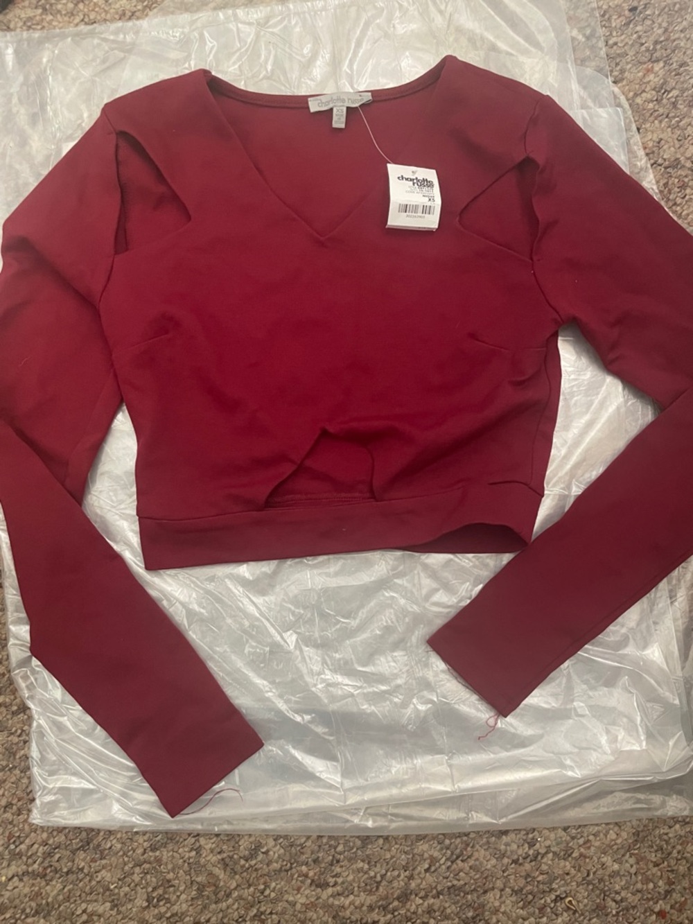 Charlotte Russe Burgundy Long Sleeve V-Neck Cropped Top